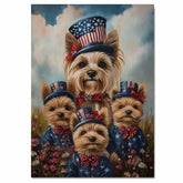 Yorkshire Terrier Dog Family in Patriotic Outfits and Flag Hats with Red Bows for Fourth of July Celebration on Ready to Hang 1.5" Thick Canvas Wrap, Floating Framed Canvas, Flat Rolled Canvas